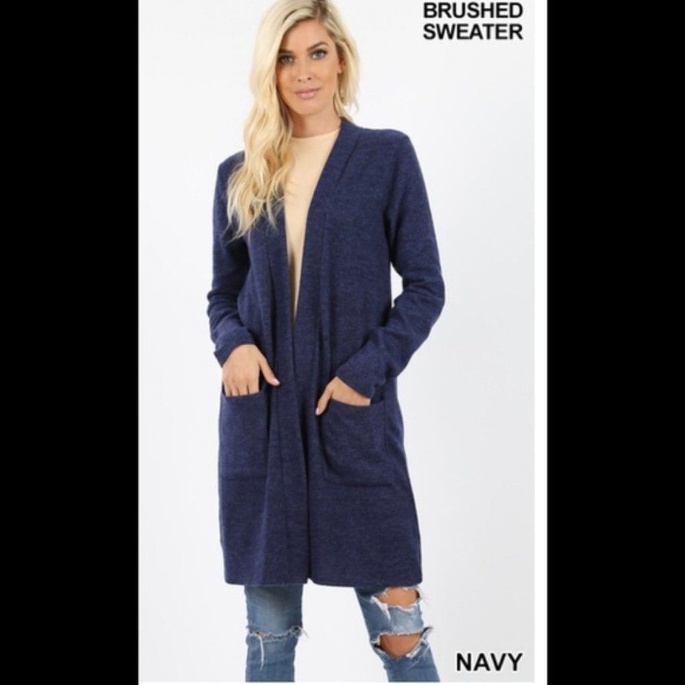Brushed Knit Blue Pocket Long Cardigan Sweater